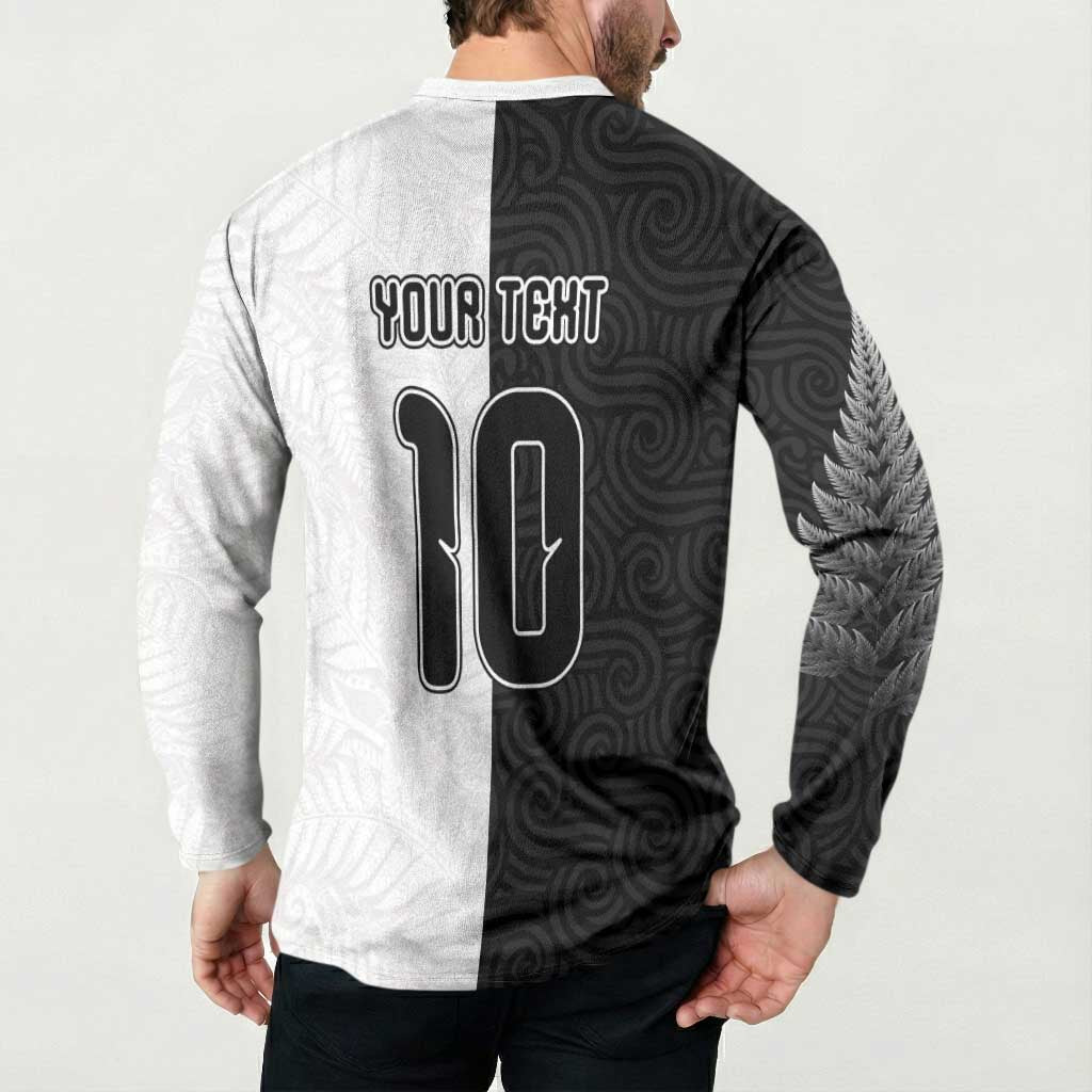 Custom New Zealand Football Button Sweatshirt Silver Fern and Maori Tribal Black White Half Sporty Style