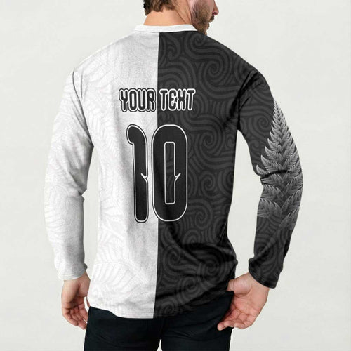 Custom New Zealand Football Button Sweatshirt Silver Fern and Maori Tribal Black White Half Sporty Style