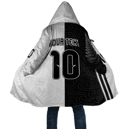 Custom New Zealand Football Cloak Silver Fern and Maori Tribal Black White Half Sporty Style
