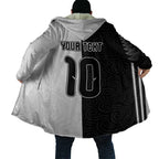 Custom New Zealand Football Cloak Silver Fern and Maori Tribal Black White Half Sporty Style