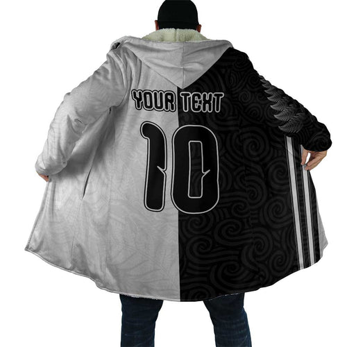 Custom New Zealand Football Cloak Silver Fern and Maori Tribal Black White Half Sporty Style