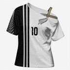 Custom New Zealand Football Cross Shoulder Shirt Silver Fern and Maori Tribal Black White Half Sporty Style