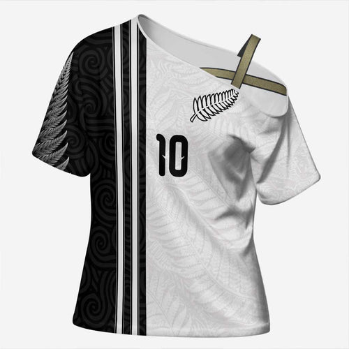 Custom New Zealand Football Cross Shoulder Shirt Silver Fern and Maori Tribal Black White Half Sporty Style