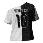 Custom New Zealand Football Cross Shoulder Shirt Silver Fern and Maori Tribal Black White Half Sporty Style