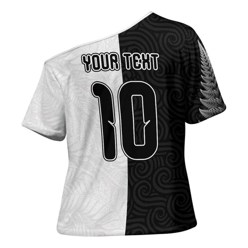 Custom New Zealand Football Cross Shoulder Shirt Silver Fern and Maori Tribal Black White Half Sporty Style