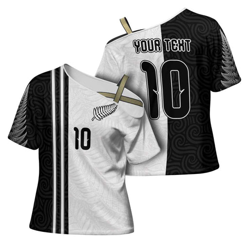 Custom New Zealand Football Cross Shoulder Shirt Silver Fern and Maori Tribal Black White Half Sporty Style