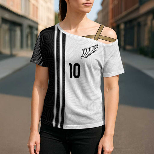Custom New Zealand Football Cross Shoulder Shirt Silver Fern and Maori Tribal Black White Half Sporty Style