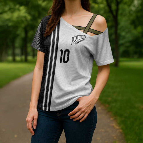 Custom New Zealand Football Cross Shoulder Shirt Silver Fern and Maori Tribal Black White Half Sporty Style