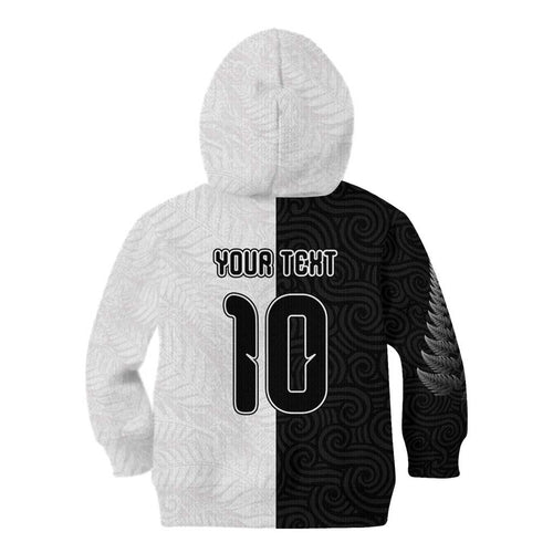 Custom New Zealand Football Kid Hoodie Silver Fern and Maori Tribal Black White Half Sporty Style