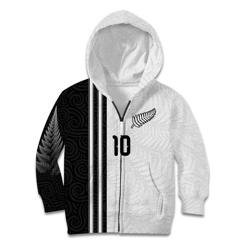 Custom New Zealand Football Kid Hoodie Silver Fern and Maori Tribal Black White Half Sporty Style