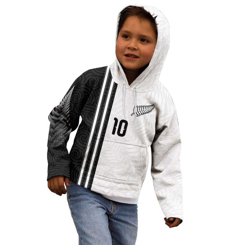 Custom New Zealand Football Kid Hoodie Silver Fern and Maori Tribal Black White Half Sporty Style