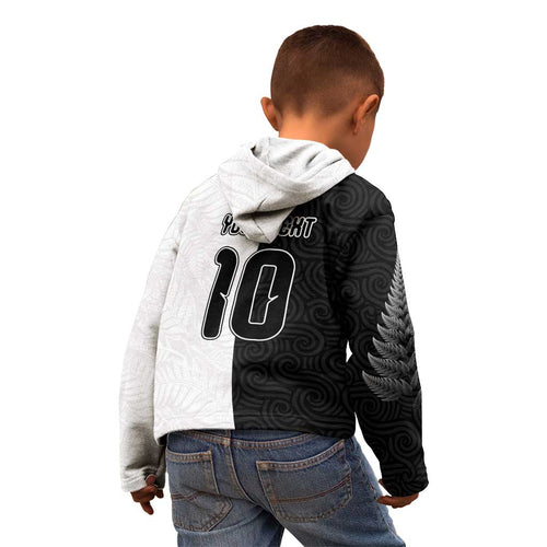 Custom New Zealand Football Kid Hoodie Silver Fern and Maori Tribal Black White Half Sporty Style