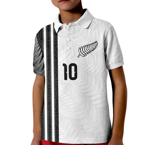 Custom New Zealand Football Kid Polo Shirt Silver Fern and Maori Tribal Black White Half Sporty Style