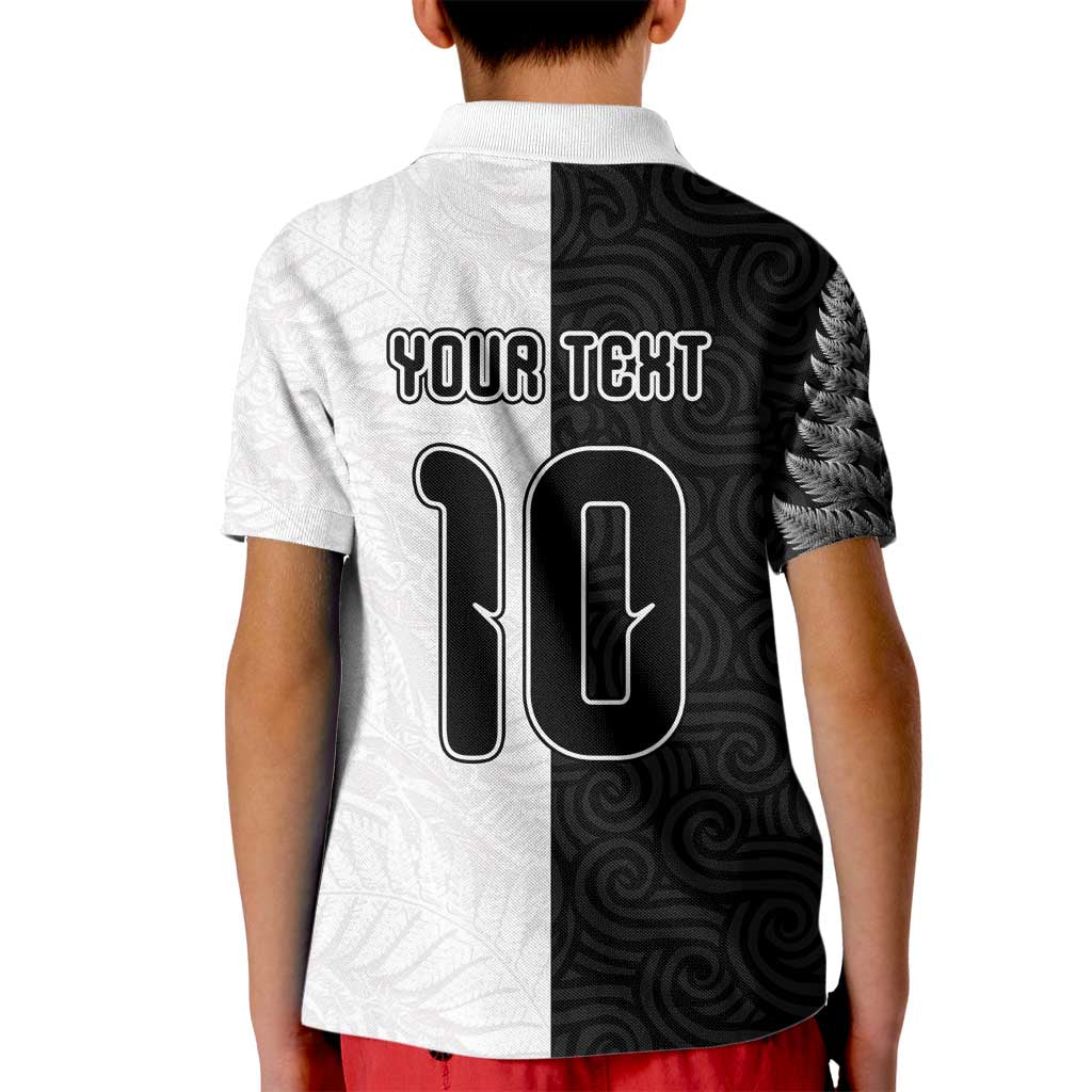 Custom New Zealand Football Kid Polo Shirt Silver Fern and Maori Tribal Black White Half Sporty Style