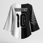 Custom New Zealand Football Kimono Sleeve Blouse Silver Fern and Maori Tribal Black White Half Sporty Style