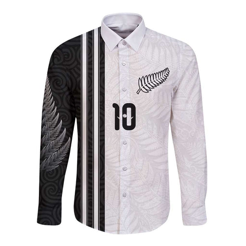 Custom New Zealand Football Long Sleeve Button Shirt Silver Fern and Maori Tribal Black White Half Sporty Style