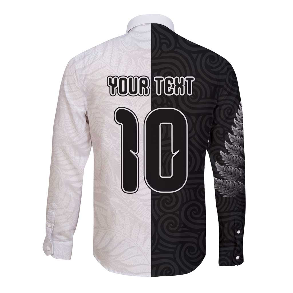 Custom New Zealand Football Long Sleeve Button Shirt Silver Fern and Maori Tribal Black White Half Sporty Style