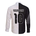 Custom New Zealand Football Long Sleeve Button Shirt Silver Fern and Maori Tribal Black White Half Sporty Style