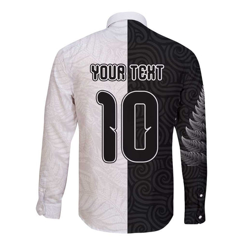Custom New Zealand Football Long Sleeve Button Shirt Silver Fern and Maori Tribal Black White Half Sporty Style