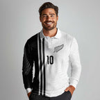 Custom New Zealand Football Long Sleeve Polo Shirt Silver Fern and Maori Tribal Black White Half Sporty Style
