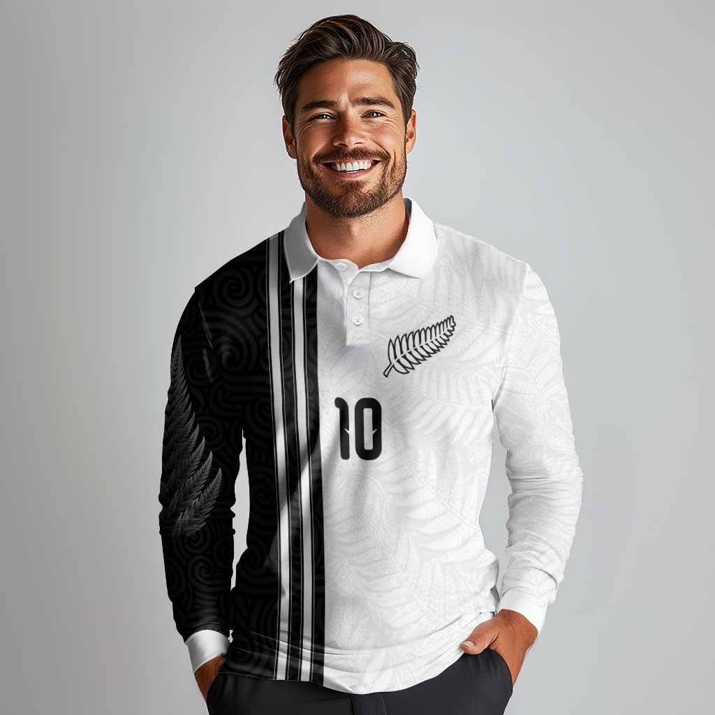 Custom New Zealand Football Long Sleeve Polo Shirt Silver Fern and Maori Tribal Black White Half Sporty Style