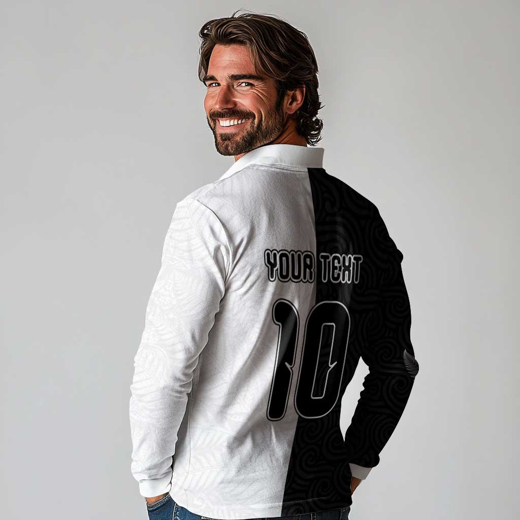 Custom New Zealand Football Long Sleeve Polo Shirt Silver Fern and Maori Tribal Black White Half Sporty Style