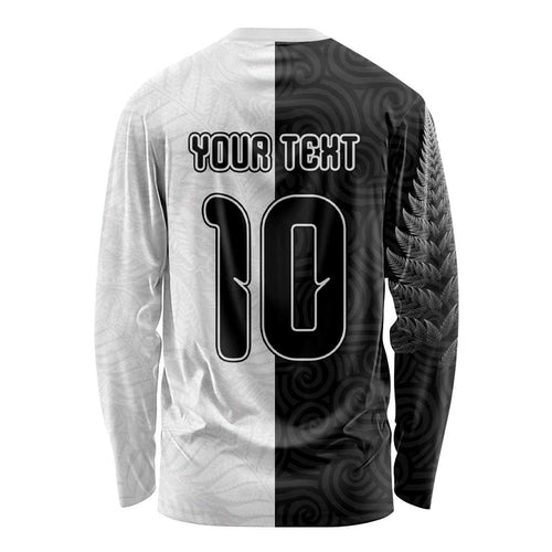 Custom New Zealand Football Long Sleeve Shirt Silver Fern and Maori Tribal Black White Half Sporty Style