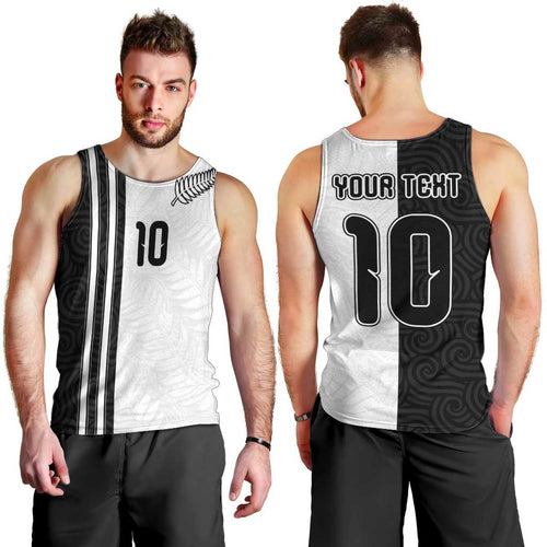 Custom New Zealand Football Men Tank Top Silver Fern and Maori Tribal Black White Half Sporty Style