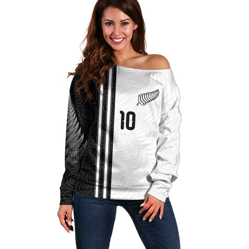 Custom New Zealand Football Off Shoulder Sweater Silver Fern and Maori Tribal Black White Half Sporty Style