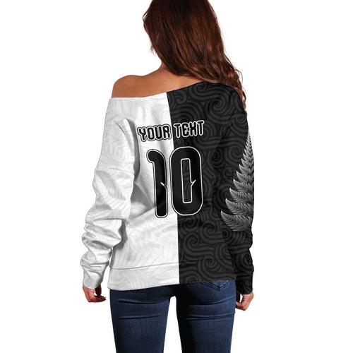 Custom New Zealand Football Off Shoulder Sweater Silver Fern and Maori Tribal Black White Half Sporty Style