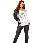 Custom New Zealand Football Off Shoulder Sweater Silver Fern and Maori Tribal Black White Half Sporty Style