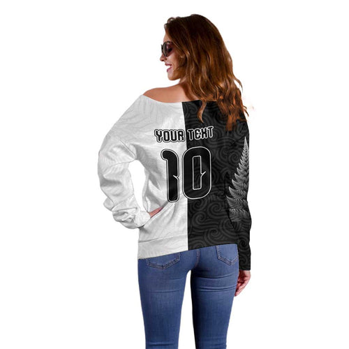 Custom New Zealand Football Off Shoulder Sweater Silver Fern and Maori Tribal Black White Half Sporty Style