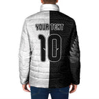 Custom New Zealand Football Padded Jacket Silver Fern and Maori Tribal Black White Half Sporty Style