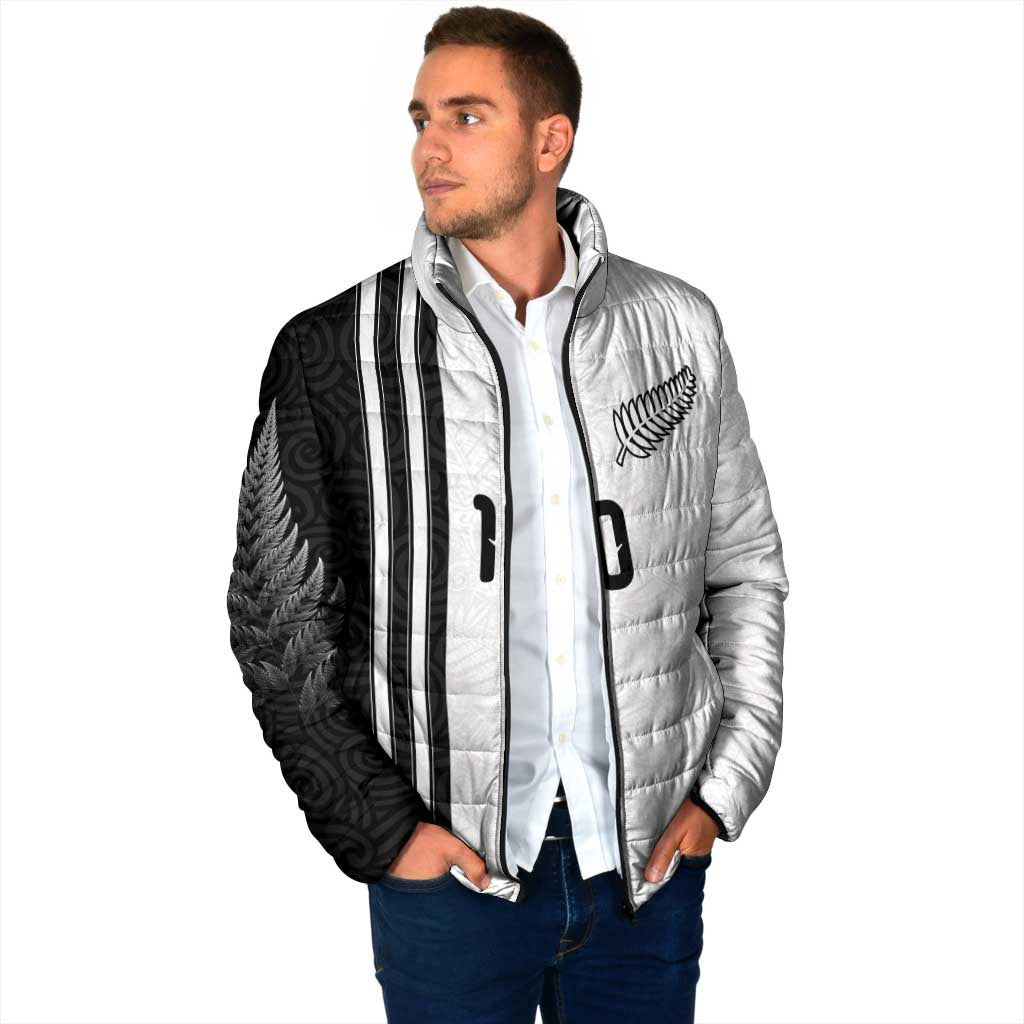 Custom New Zealand Football Padded Jacket Silver Fern and Maori Tribal Black White Half Sporty Style