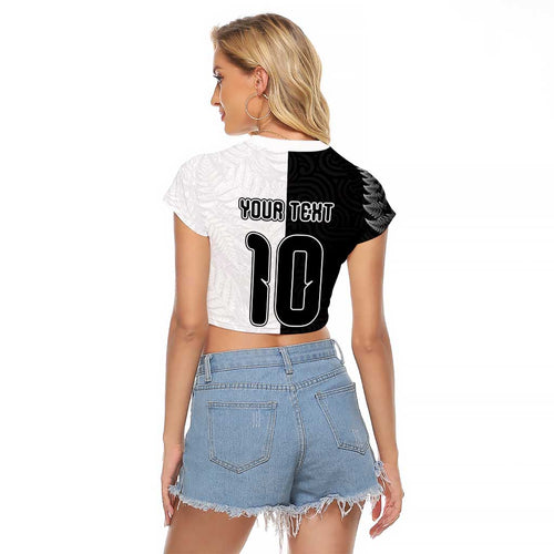 Custom New Zealand Football Raglan Cropped T Shirt Silver Fern and Maori Tribal Black White Half Sporty Style