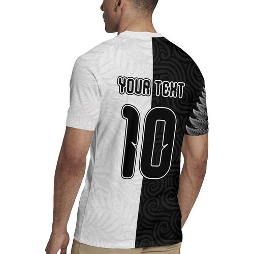 Custom New Zealand Football Rugby Jersey Silver Fern and Maori Tribal Black White Half Sporty Style