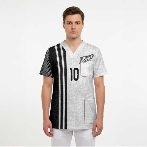 Custom New Zealand Football Scrub Top Silver Fern and Maori Tribal Black White Half Sporty Style