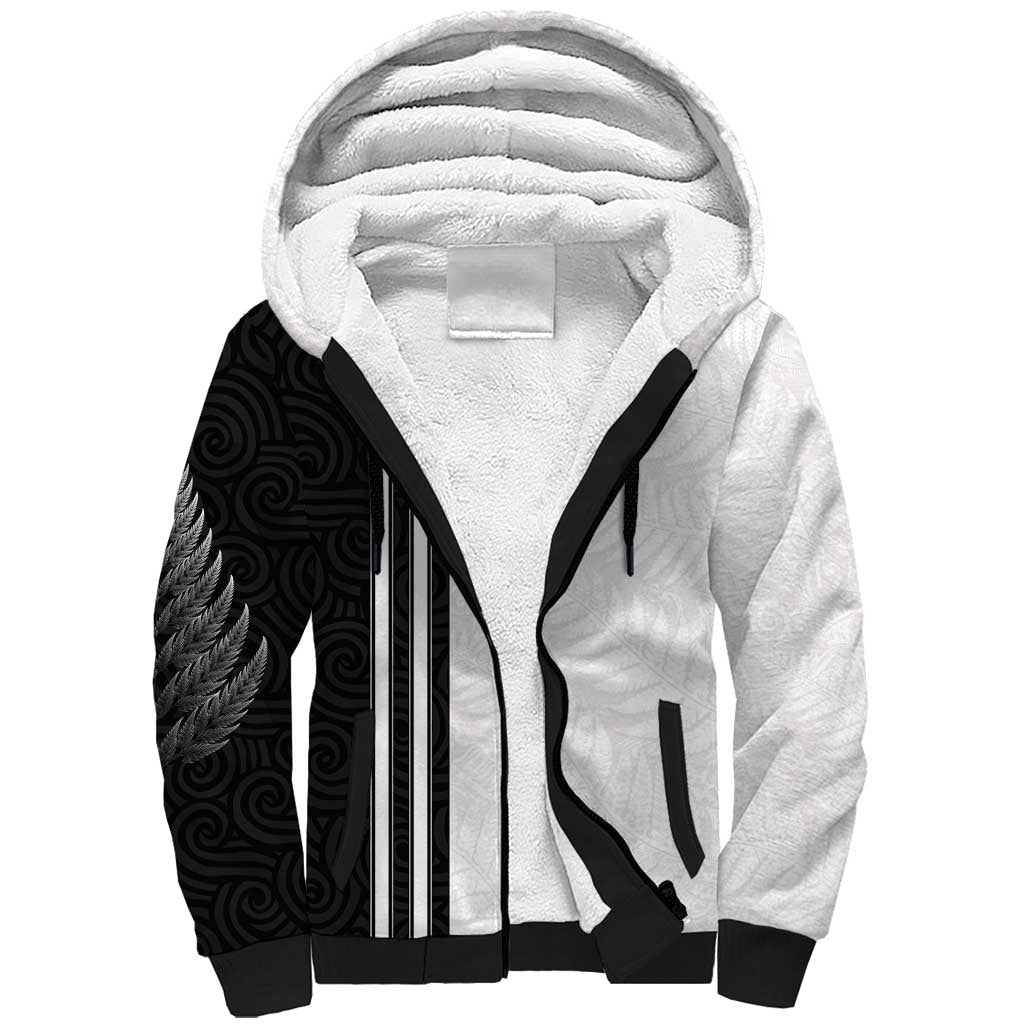 Custom New Zealand Football Sherpa Hoodie Silver Fern and Maori Tribal Black White Half Sporty Style