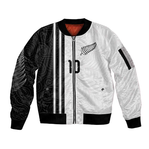 Custom New Zealand Football Sleeve Zip Bomber Jacket Silver Fern and Maori Tribal Black White Half Sporty Style