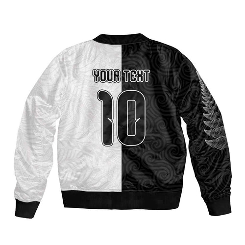 Custom New Zealand Football Sleeve Zip Bomber Jacket Silver Fern and Maori Tribal Black White Half Sporty Style