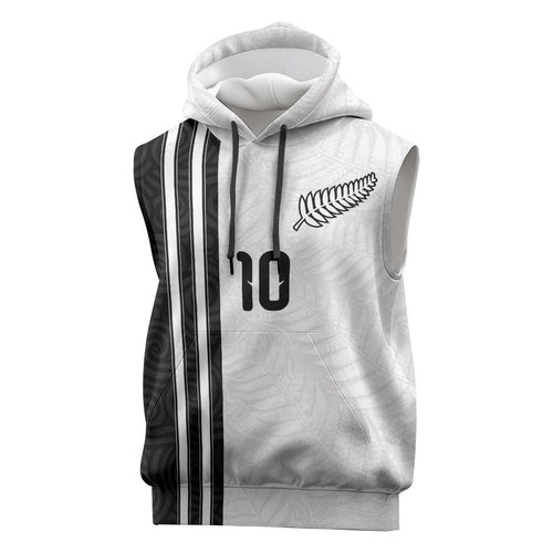 Custom New Zealand Football Sleeveless Hoodie Silver Fern and Maori Tribal Black White Half Sporty Style