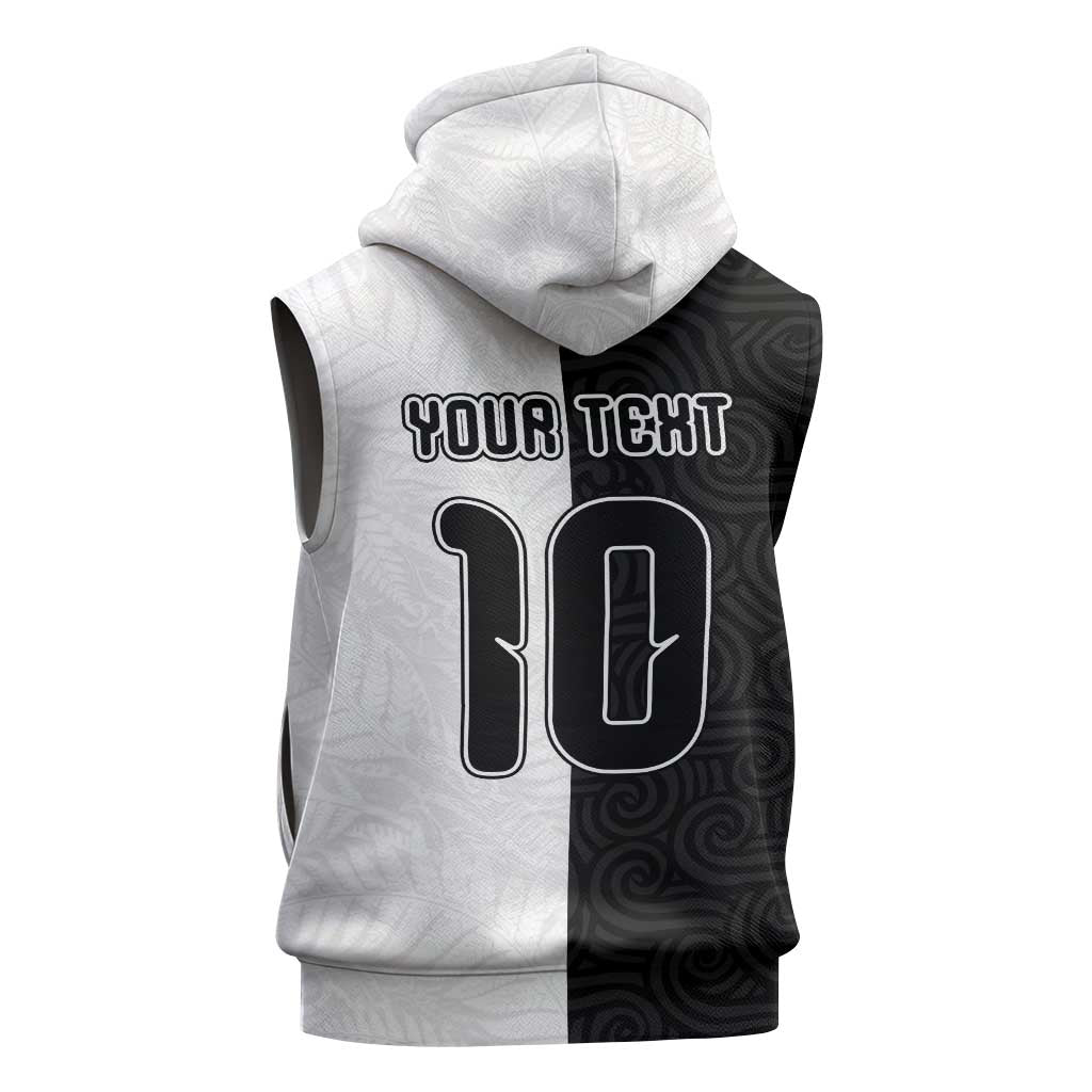 Custom New Zealand Football Sleeveless Hoodie Silver Fern and Maori Tribal Black White Half Sporty Style