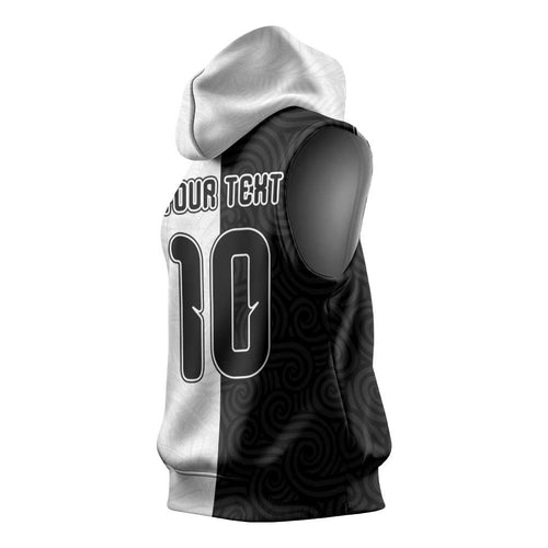 Custom New Zealand Football Sleeveless Hoodie Silver Fern and Maori Tribal Black White Half Sporty Style