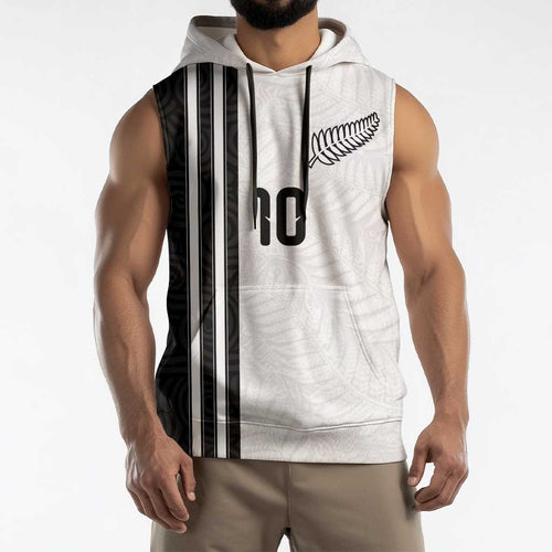 Custom New Zealand Football Sleeveless Hoodie Silver Fern and Maori Tribal Black White Half Sporty Style