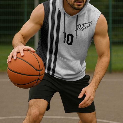 Custom New Zealand Football Sleeveless Hoodie Silver Fern and Maori Tribal Black White Half Sporty Style