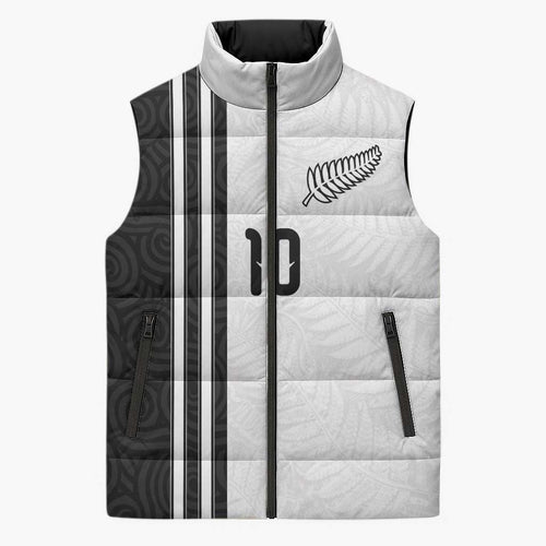 Custom New Zealand Football Sleeveless Puffer Jacket Silver Fern and Maori Tribal Black White Half Sporty Style