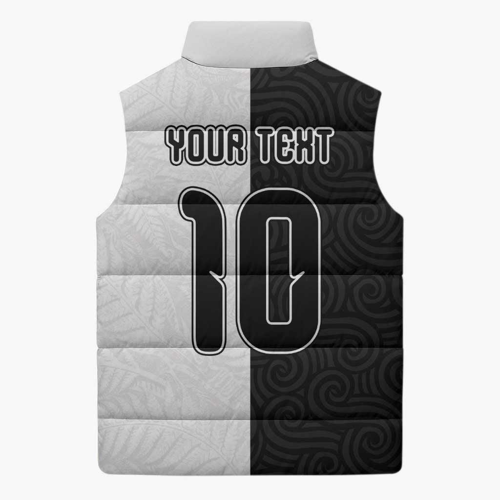 Custom New Zealand Football Sleeveless Puffer Jacket Silver Fern and Maori Tribal Black White Half Sporty Style