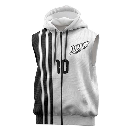 Custom New Zealand Football Sleeveless Zip Hoodie Silver Fern and Maori Tribal Black White Half Sporty Style