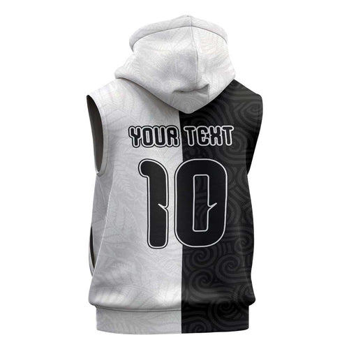 Custom New Zealand Football Sleeveless Zip Hoodie Silver Fern and Maori Tribal Black White Half Sporty Style