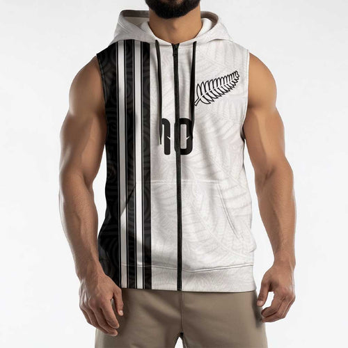 Custom New Zealand Football Sleeveless Zip Hoodie Silver Fern and Maori Tribal Black White Half Sporty Style